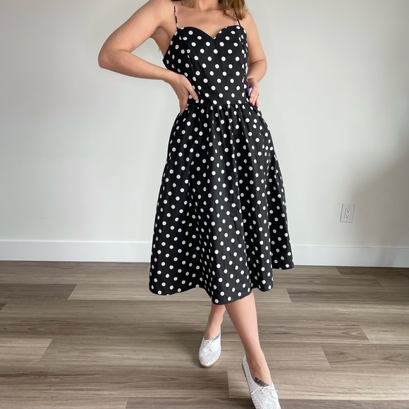 Vintage Sears Black & White Polka Dot Bow Midi Dress (S) - Picture 7 of 9